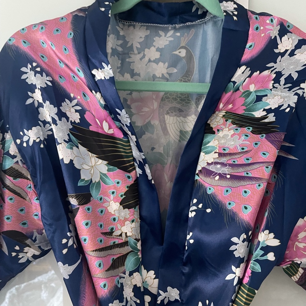 Kimono silk robe peacock design navy size S/M
